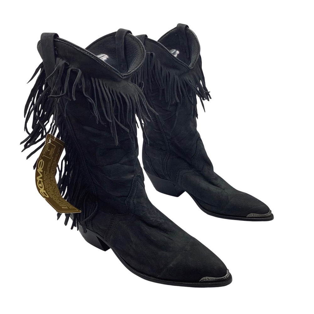 Vintage Acme Women Black Suede Fringe Western Cowboy Boots Pointed Toe 5.5 M